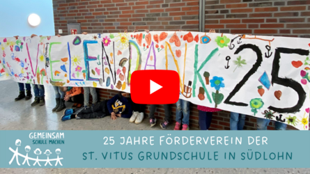 Zum 25-jährigen Jubiläum gestaltete der Förderverein ein Kochbuch der Schulfamilie. Es entstand eine bunte Sammlung von Lieblingsrezepten der Kinder der St. Vitus Grundschule. Die Kinder sagen DANKE mit einem selbstproduzierten Video!